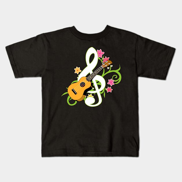 Ukulele Hawaii Tropical Music Note Gift Design Ukulele Player Print Kids T-Shirt by Linco